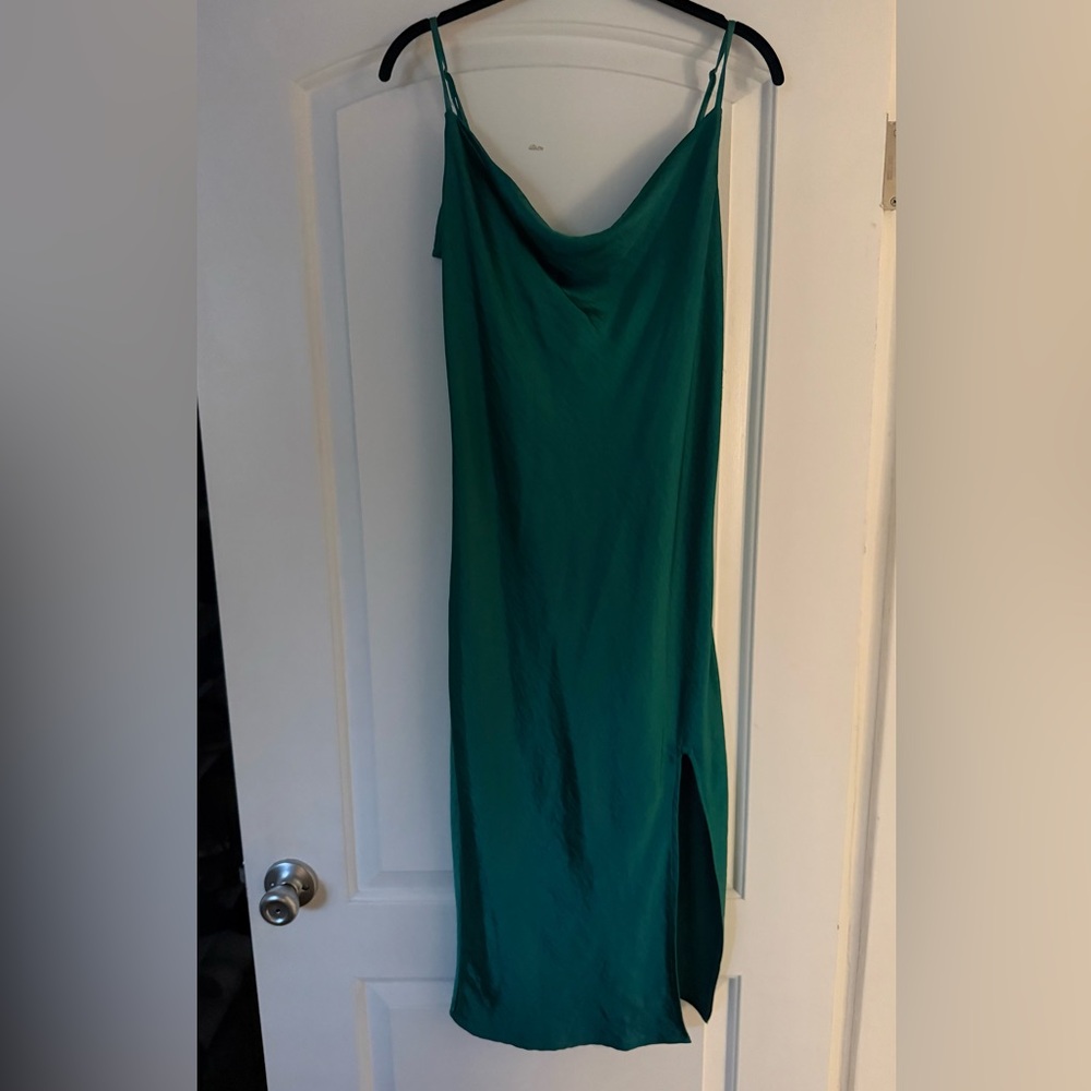Green, silky midi dress